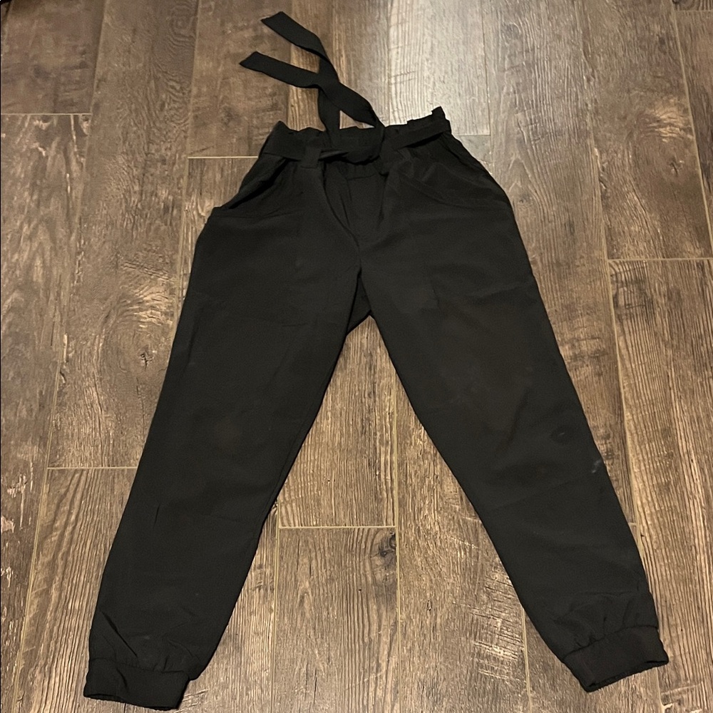 Black Paperbag Tie-Waist Dress Pants